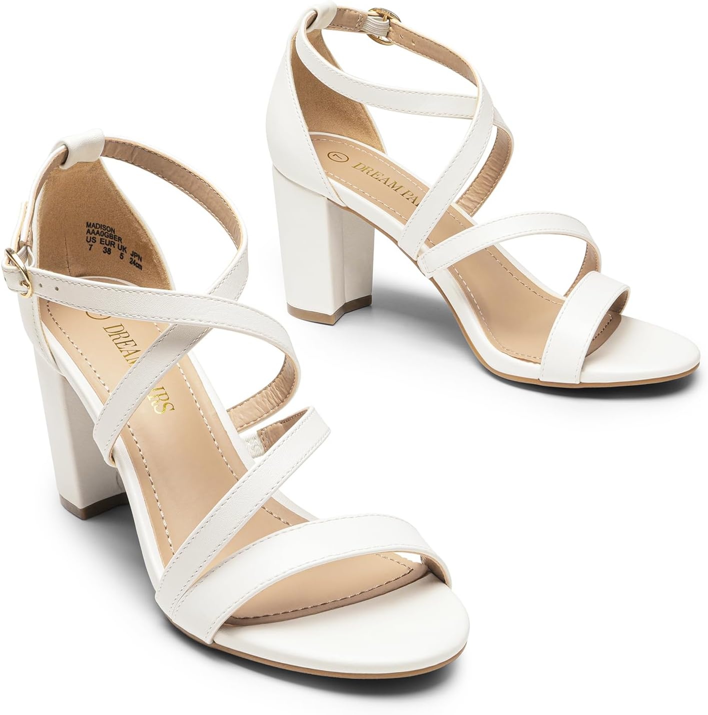 image:imageDREAM PAIRS Womens Block Chunky Heels Sandals Open Toe Ankle Strappy Comfortable Dressy Sandals for Bridal Wedding Prom Party with Adjustable Cross StrapWhitePu