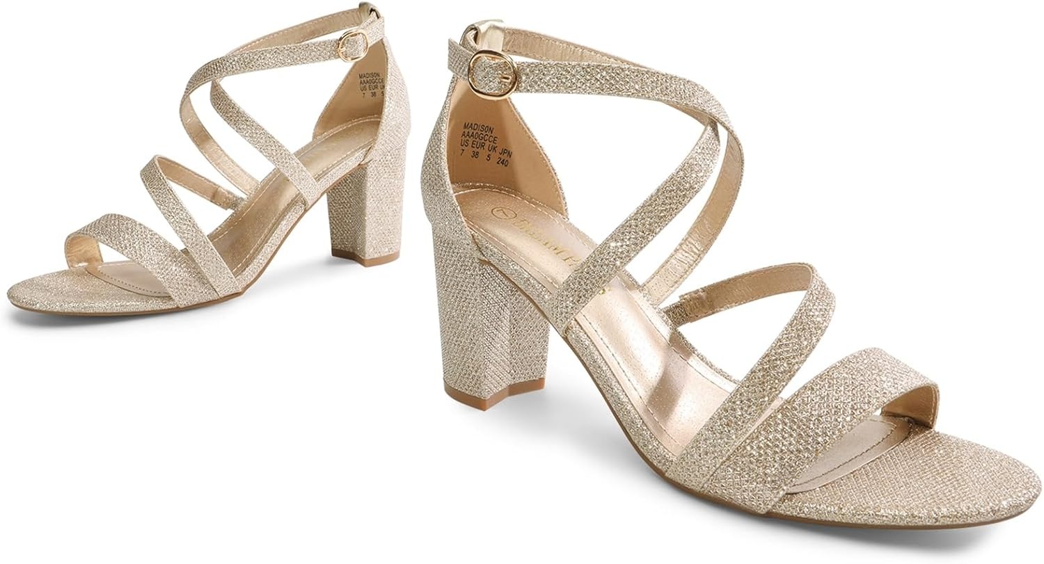 image:imageDREAM PAIRS Womens Block Chunky Heels Sandals Open Toe Ankle Strappy Comfortable Dressy Sandals for Bridal Wedding Prom Party with Adjustable Cross StrapGoldGlitter