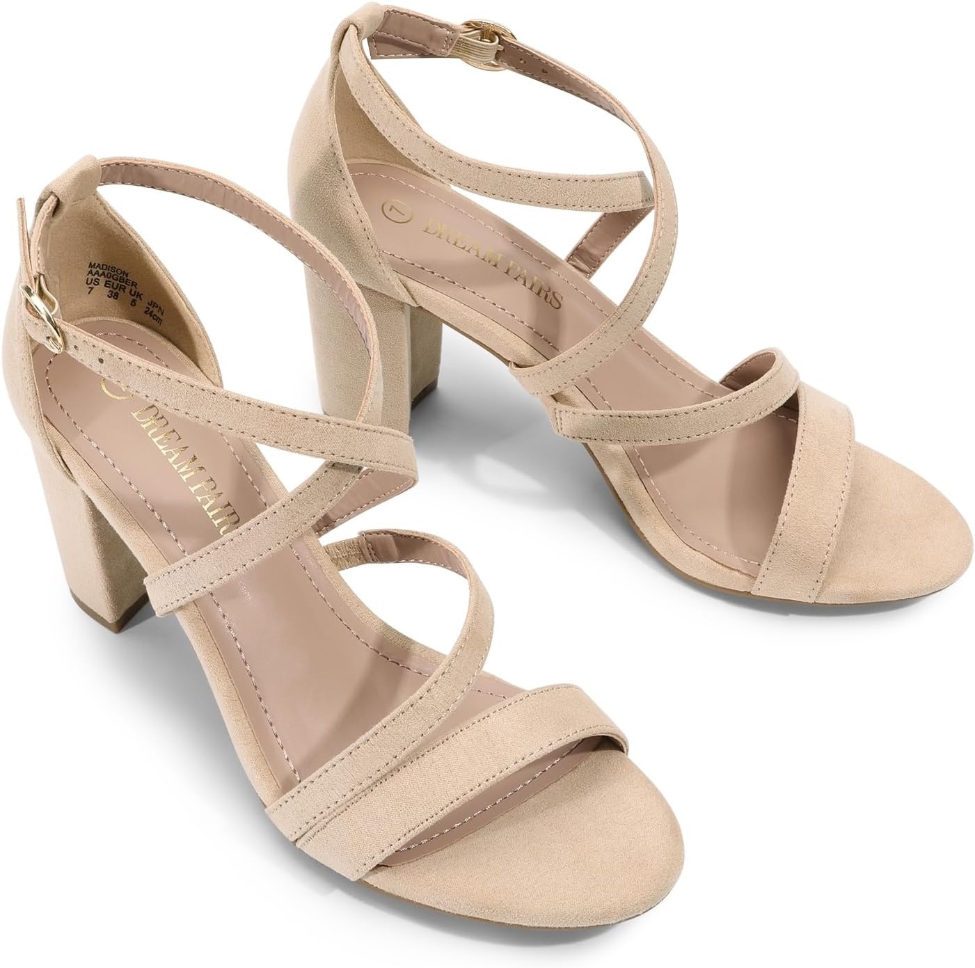 image:imageDREAM PAIRS Womens Block Chunky Heels Sandals Open Toe Ankle Strappy Comfortable Dressy Sandals for Bridal Wedding Prom Party with Adjustable Cross StrapNudeSuede