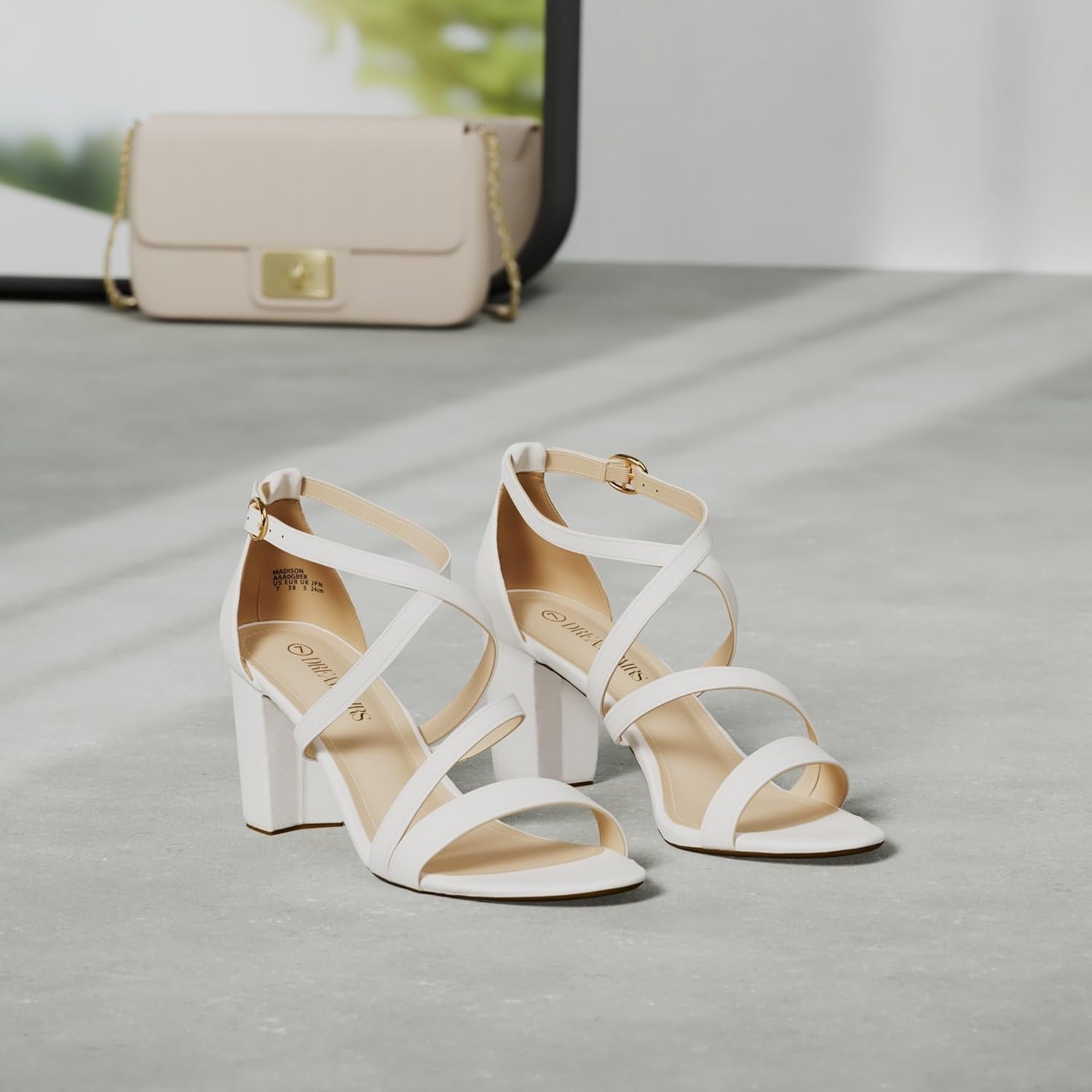 image:imageDREAM PAIRS Womens Block Chunky Heels Sandals Open Toe Ankle Strappy Comfortable Dressy Sandals for Bridal Wedding Prom Party with Adjustable Cross StrapWhitePu