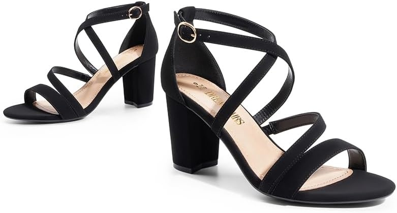 image:imageDREAM PAIRS Womens Block Chunky Heels Sandals Open Toe Ankle Strappy Comfortable Dressy Sandals for Bridal Wedding Prom Party with Adjustable Cross StrapBlacknubuck