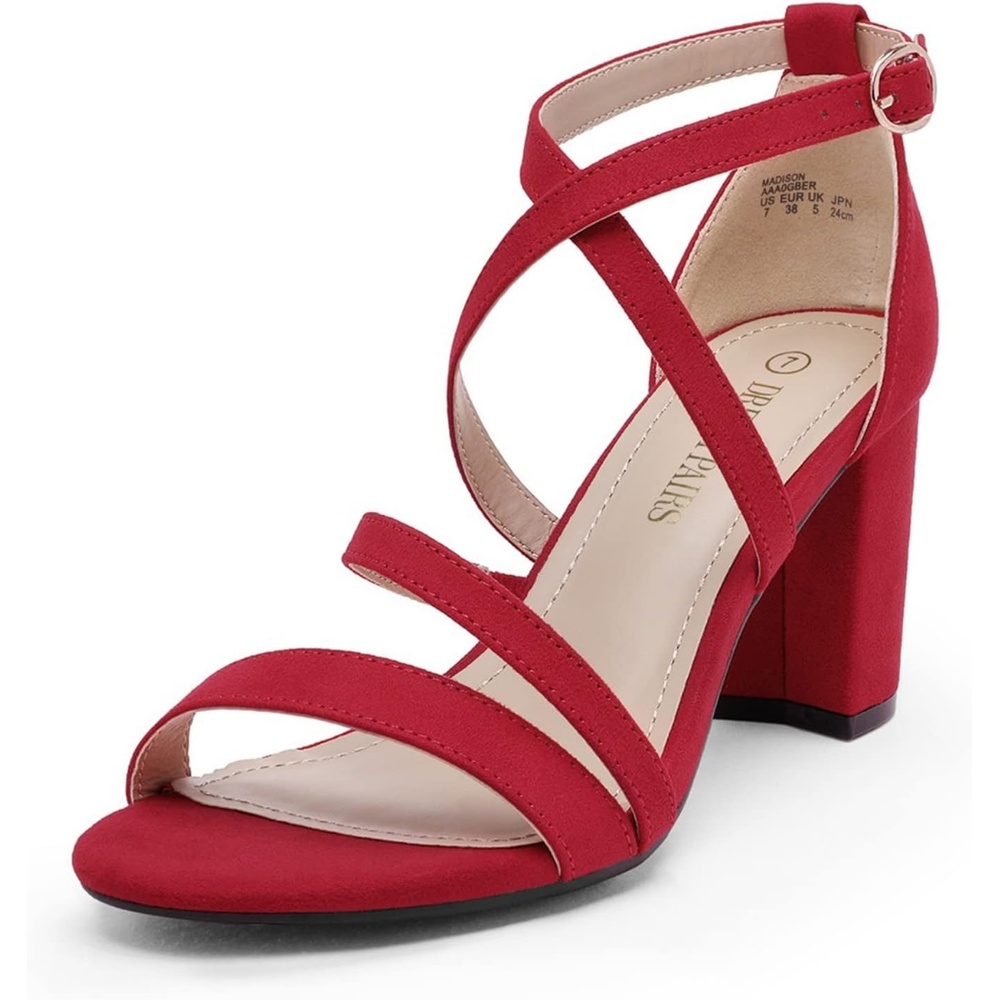 image:imageDREAM PAIRS Womens Block Chunky Heels Sandals Open Toe Ankle Strappy Comfortable Dressy Sandals for Bridal Wedding Prom Party with Adjustable Cross StrapRedSuede