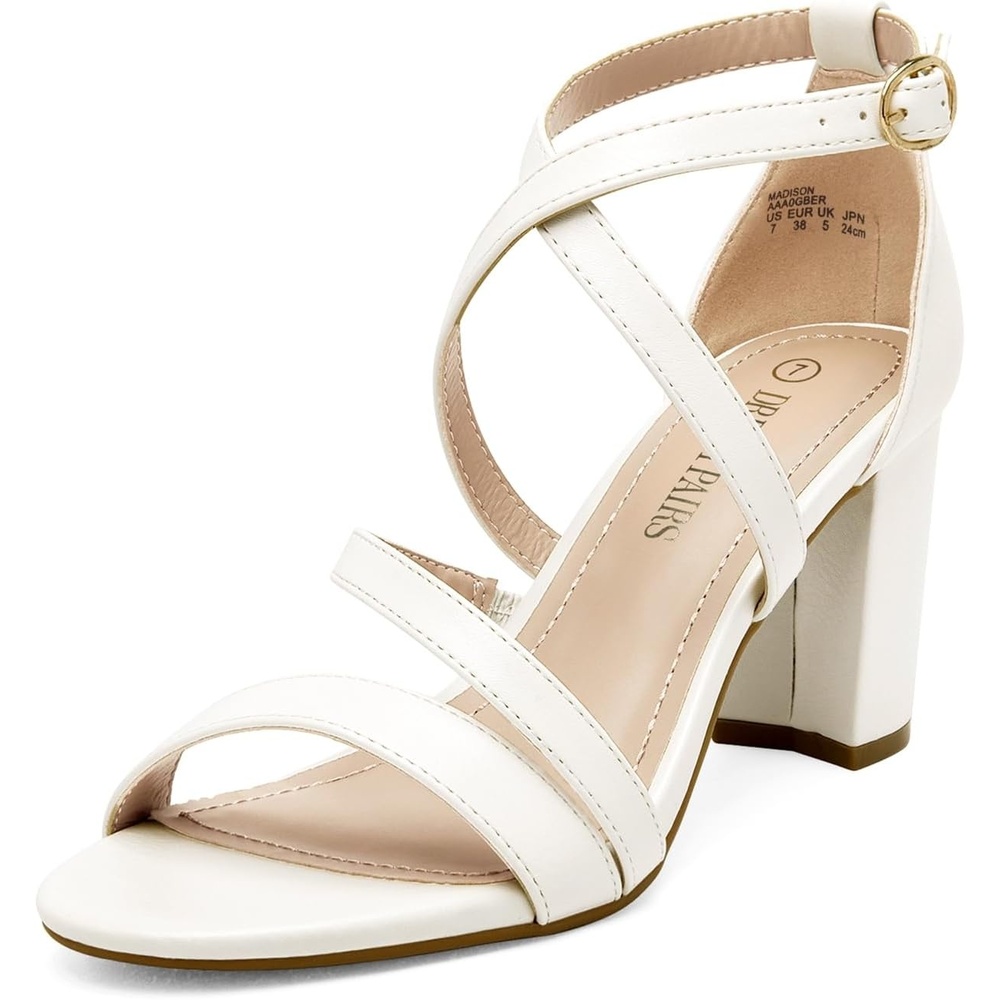 image:imageDREAM PAIRS Womens Block Chunky Heels Sandals Open Toe Ankle Strappy Comfortable Dressy Sandals for Bridal Wedding Prom Party with Adjustable Cross StrapWhitePu