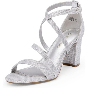 DREAM PAIRS Women’s Block Chunky Heels Sandals Open Toe Ankle Strappy Comfortable Dressy Sandals for Bridal Wedding Prom Party with Adjustable Cross Strap(Silver/Glitter)