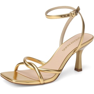 DREAM PAIRS Women’s Kitten Low Heels with Square Open Toe Heeled Sandals, Comfortable Strappy Ankle Shoes for Women 2026 Fashion Dress Party Sheos(Gold)