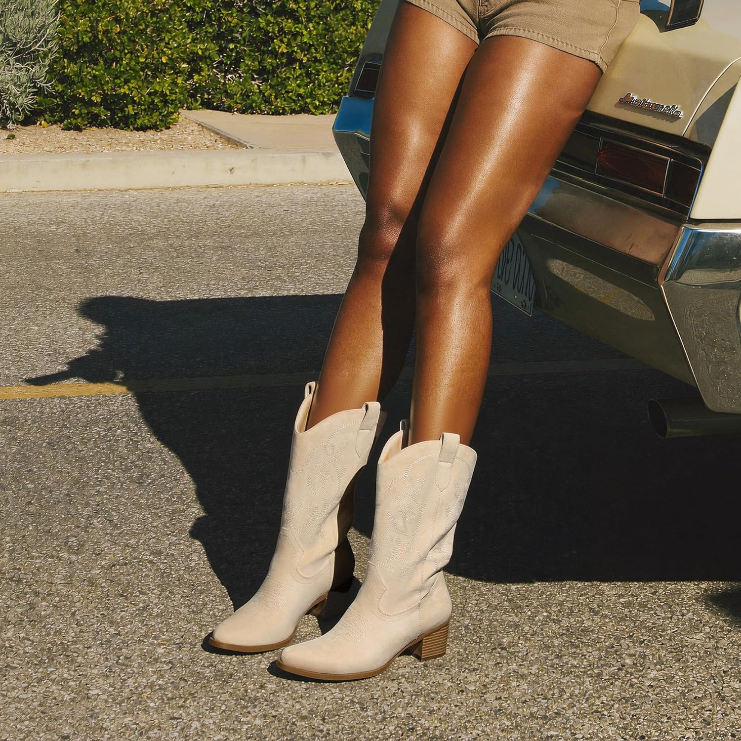 image:imageDREAM PAIRS Cowboy Boots for Women Cowgirl Western Boots Fashion Embroidery Stitched Chunky Heel Mid Calf BootsBeige