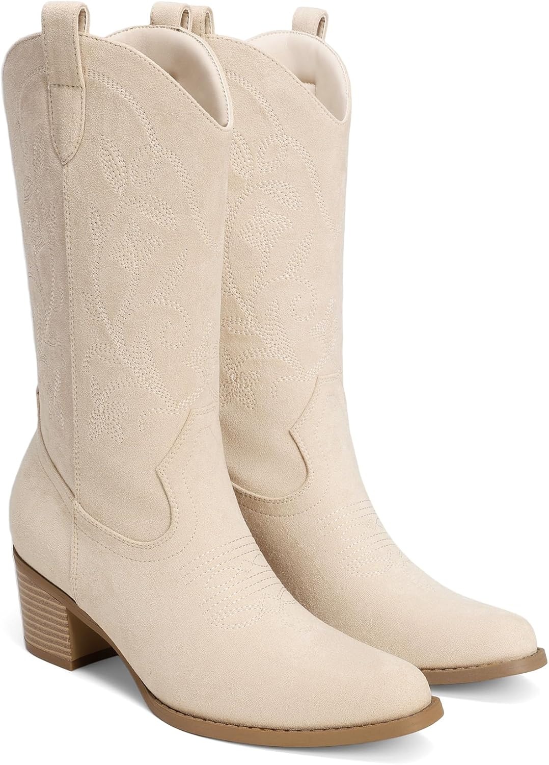 image:imageDREAM PAIRS Cowboy Boots for Women Cowgirl Western Boots Fashion Embroidery Stitched Chunky Heel Mid Calf BootsBeige