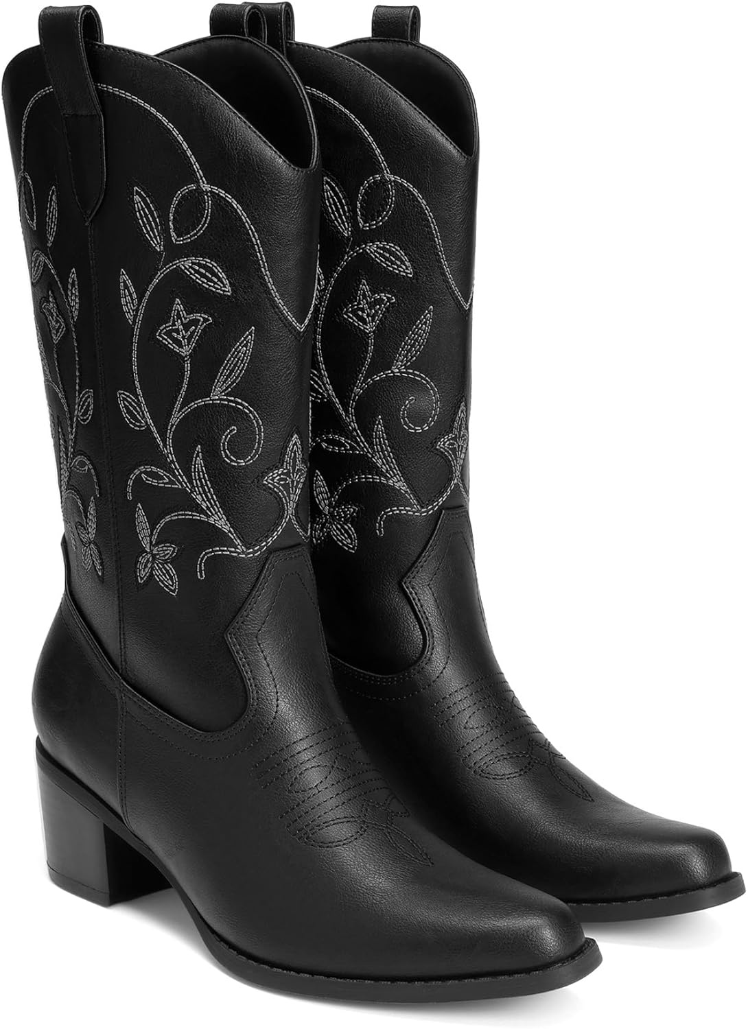 image:imageDREAM PAIRS Cowboy Boots for Women Cowgirl Western Boots Fashion Embroidery Stitched Chunky Heel Mid Calf BootsBlack