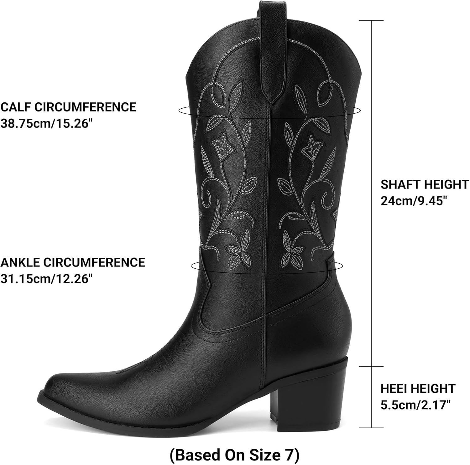 image:imageDREAM PAIRS Cowboy Boots for Women Cowgirl Western Boots Fashion Embroidery Stitched Chunky Heel Mid Calf BootsBlack