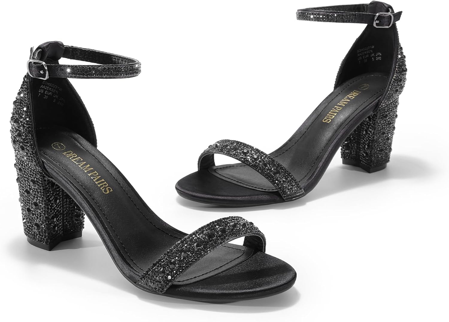 image:imageDREAM PAIRS Womens Chunky Block Heel Sandals Open Toe Ankle Strap Dress Shoes Comfortable Wedding Guest Heels for Party Prom and Formal EventsBlackRhinestone