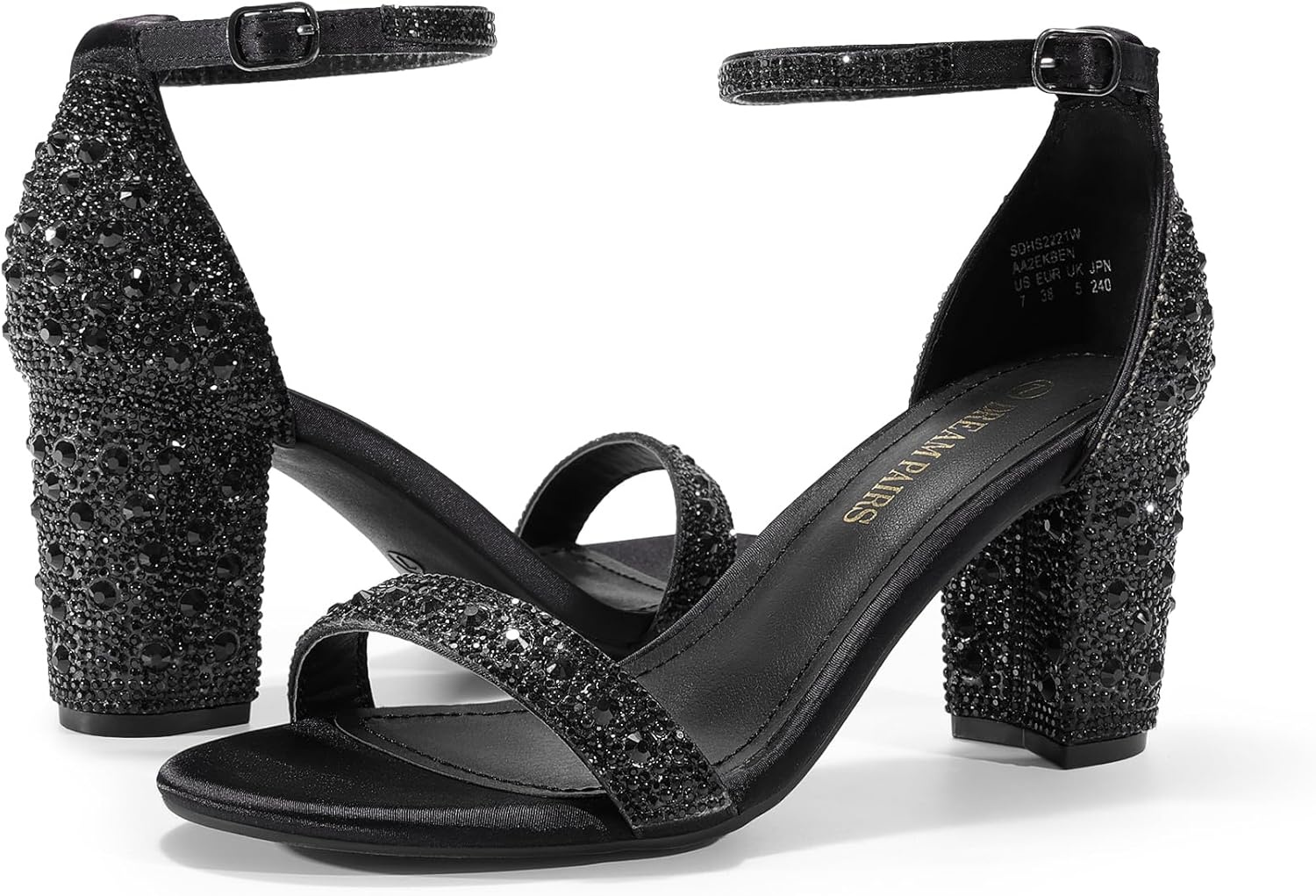 image:imageDREAM PAIRS Womens Chunky Block Heel Sandals Open Toe Ankle Strap Dress Shoes Comfortable Wedding Guest Heels for Party Prom and Formal EventsBlackRhinestone