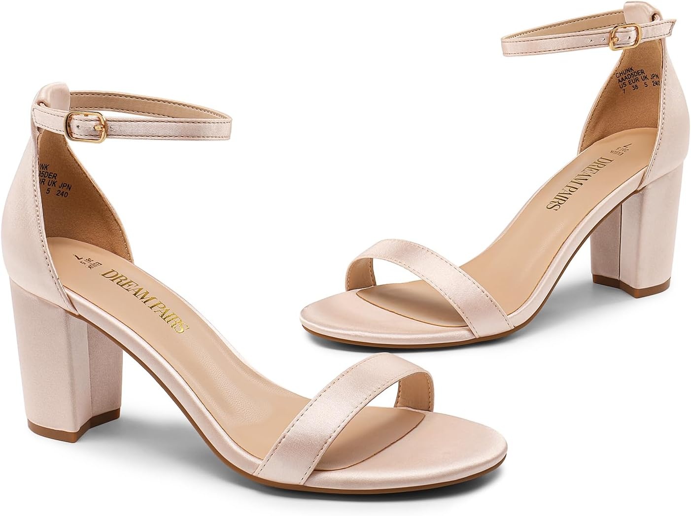 image:imageDREAM PAIRS Womens Chunky Block Heel Sandals Open Toe Ankle Strap Dress Shoes Comfortable Wedding Guest Heels for Party Prom and Formal EventsChampagnesatin