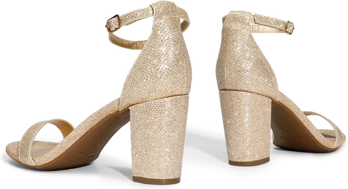 image:imageDREAM PAIRS Womens Chunky Block Heel Sandals Open Toe Ankle Strap Dress Shoes Comfortable Wedding Guest Heels for Party Prom and Formal EventsGoldGlitter