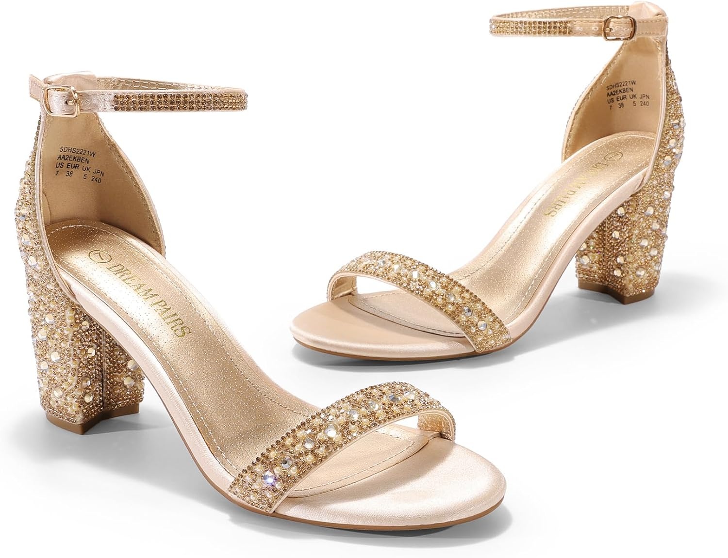 image:imageDREAM PAIRS Womens Chunky Block Heel Sandals Open Toe Ankle Strap Dress Shoes Comfortable Wedding Guest Heels for Party Prom and Formal EventsGoldRhinestone