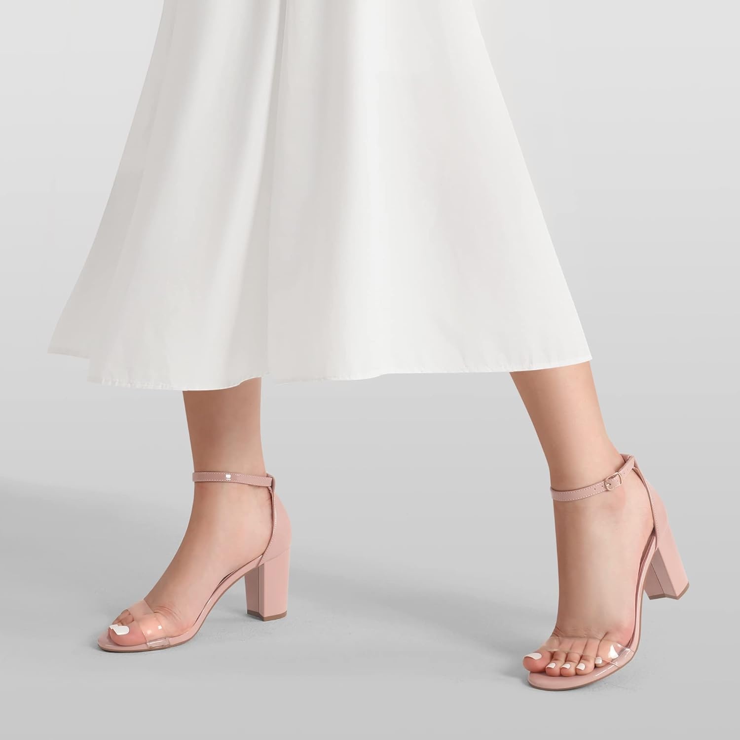 image:imageDREAM PAIRS Womens Chunky Block Heel Sandals Open Toe Ankle Strap Dress Shoes Comfortable Wedding Guest Heels for Party Prom and Formal EventsNudeClear