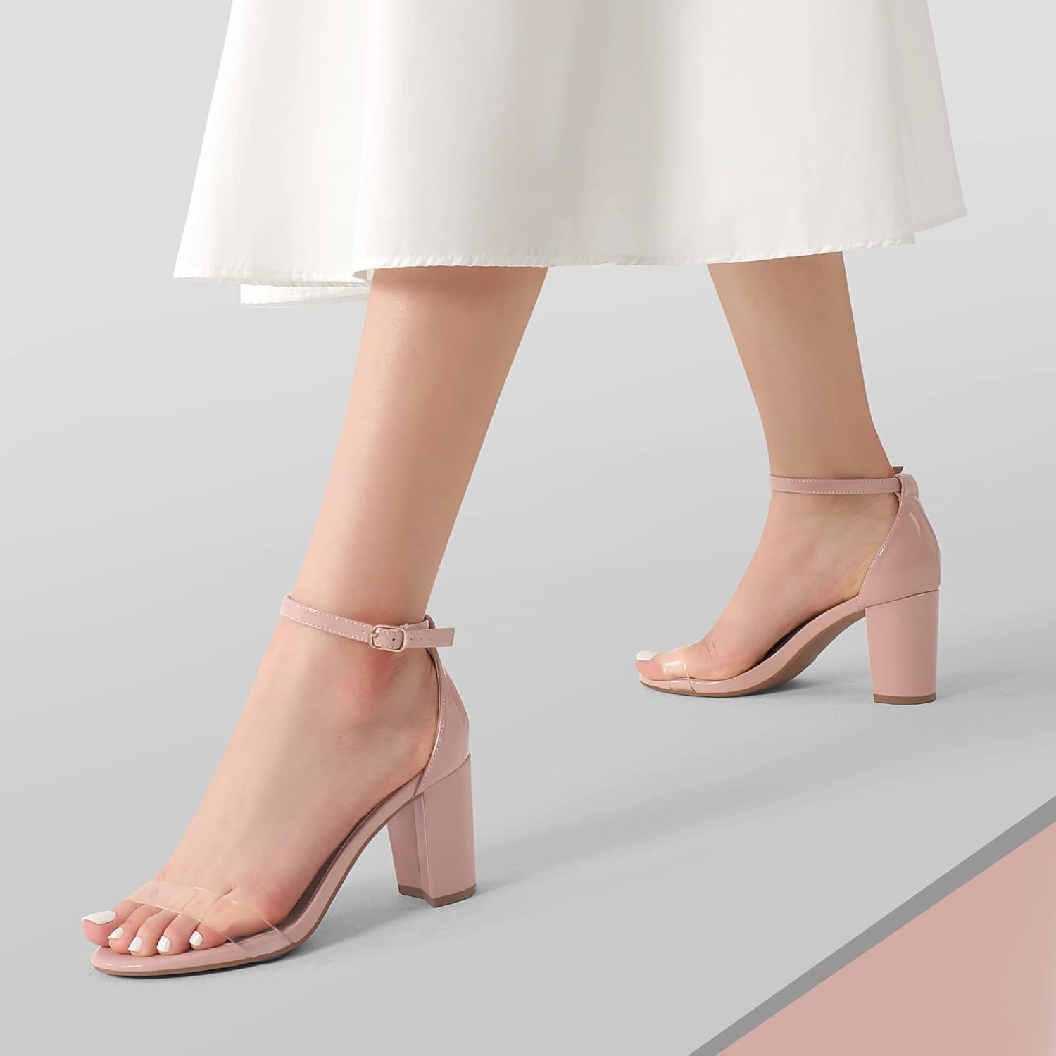 image:imageDREAM PAIRS Womens Chunky Block Heel Sandals Open Toe Ankle Strap Dress Shoes Comfortable Wedding Guest Heels for Party Prom and Formal EventsNudeClear