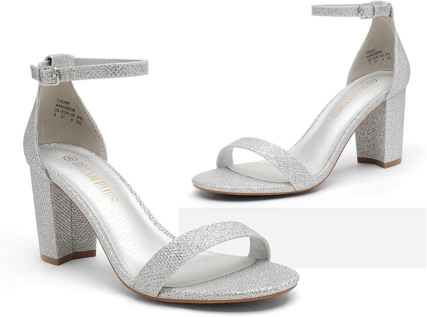 image:imageDREAM PAIRS Womens Chunky Block Heel Sandals Open Toe Ankle Strap Dress Shoes Comfortable Wedding Guest Heels for Party Prom and Formal EventsSilverGlitter