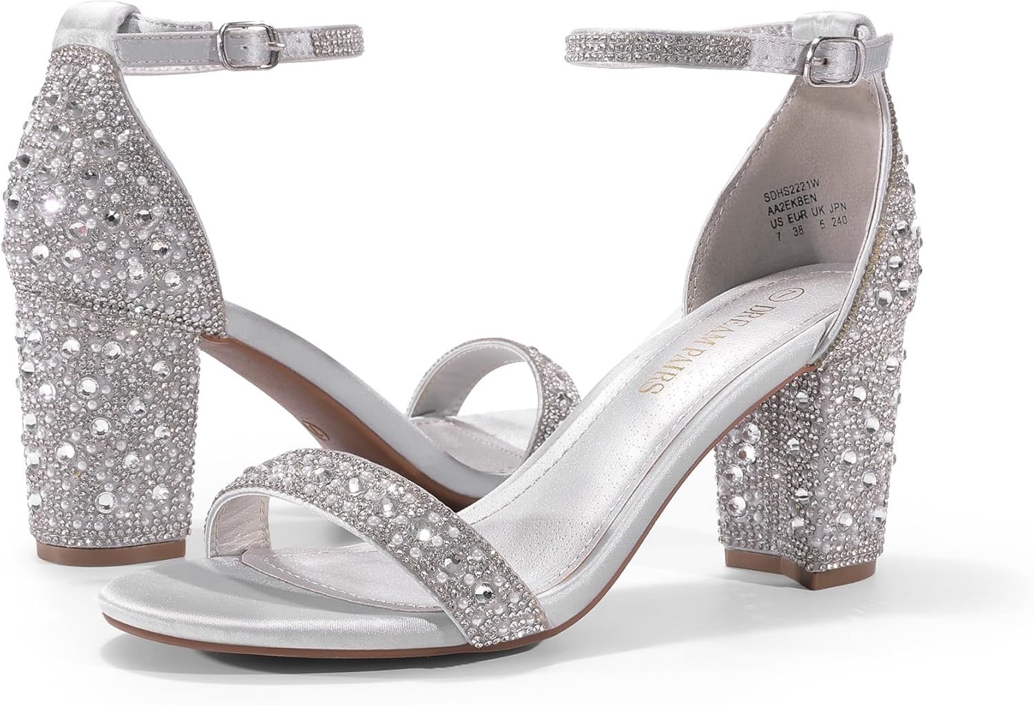 image:imageDREAM PAIRS Womens Chunky Block Heel Sandals Open Toe Ankle Strap Dress Shoes Comfortable Wedding Guest Heels for Party Prom and Formal EventsSilverRhinestone