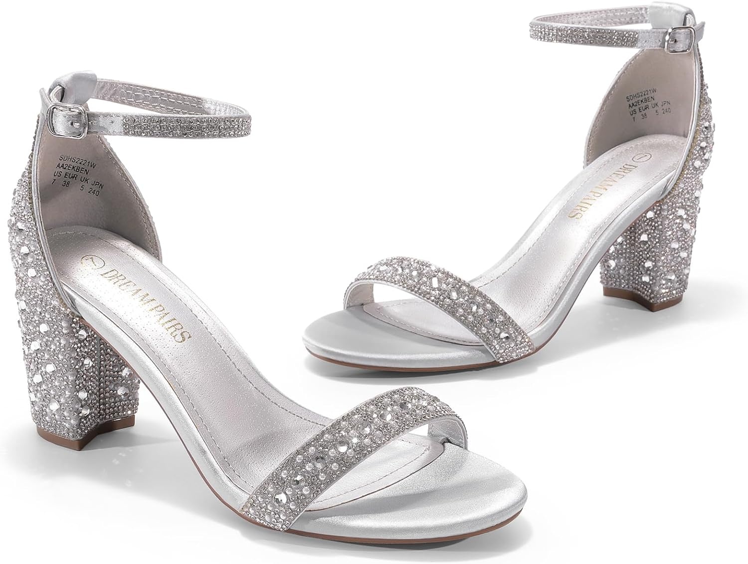 image:imageDREAM PAIRS Womens Chunky Block Heel Sandals Open Toe Ankle Strap Dress Shoes Comfortable Wedding Guest Heels for Party Prom and Formal EventsSilverRhinestone