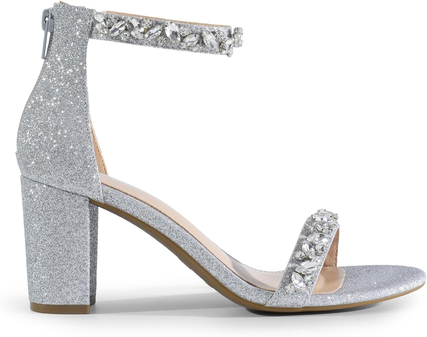 image:imageDREAM PAIRS Womens Chunky Block Heel Sandals Open Toe Ankle Strap Dress Shoes Comfortable Wedding Guest Heels for Party Prom and Formal EventsSilverrhinestone