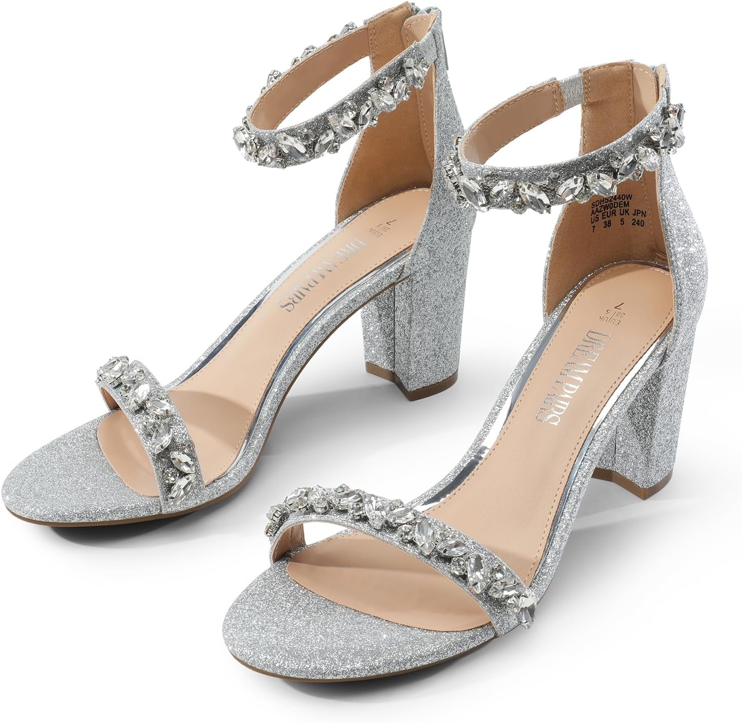 image:imageDREAM PAIRS Womens Chunky Block Heel Sandals Open Toe Ankle Strap Dress Shoes Comfortable Wedding Guest Heels for Party Prom and Formal EventsSilverrhinestone