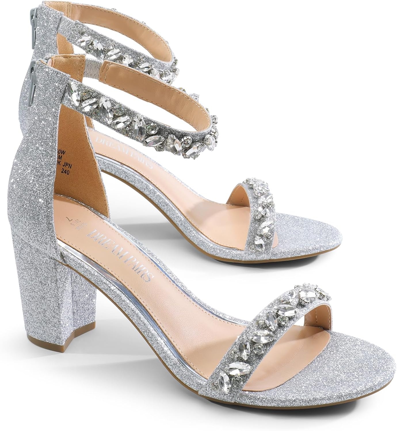 image:imageDREAM PAIRS Womens Chunky Block Heel Sandals Open Toe Ankle Strap Dress Shoes Comfortable Wedding Guest Heels for Party Prom and Formal EventsSilverrhinestone