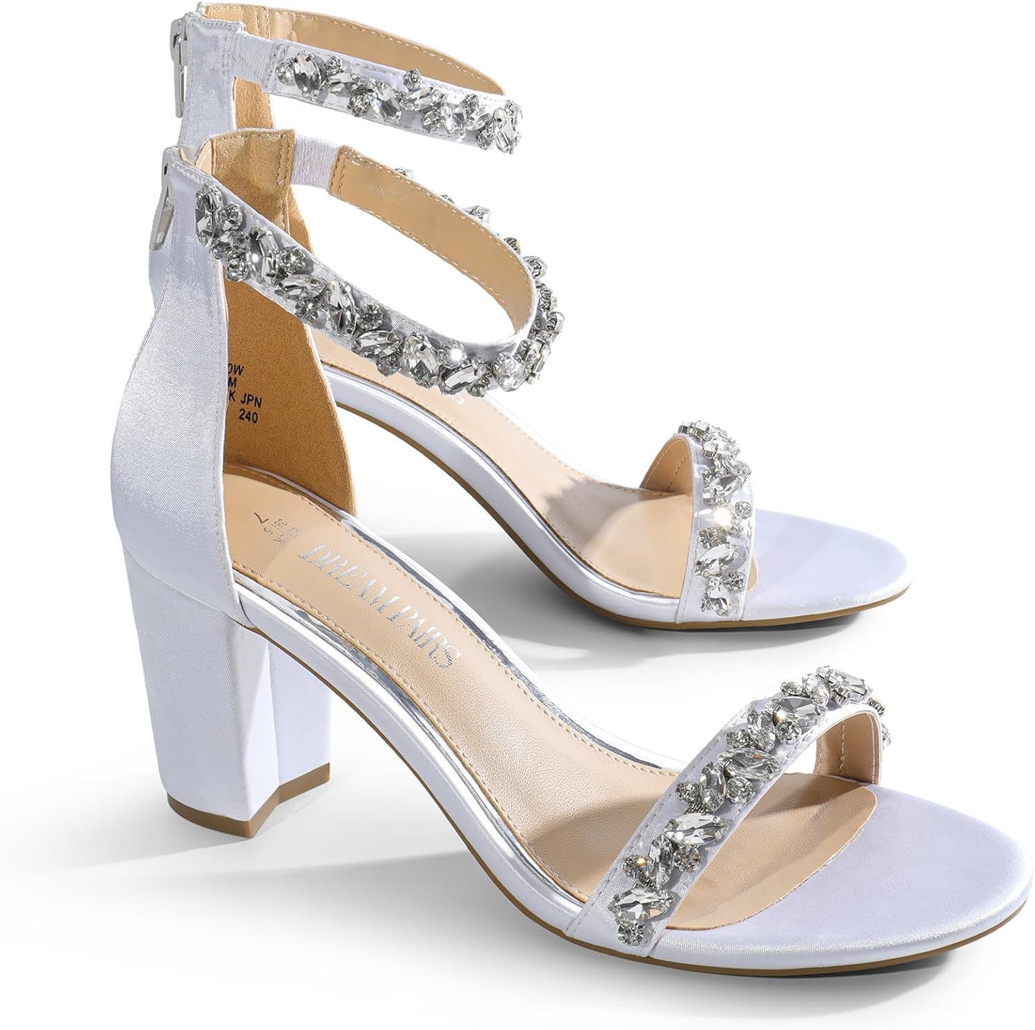 image:imageDREAM PAIRS Womens Chunky Block Heel Sandals Open Toe Ankle Strap Dress Shoes Comfortable Wedding Guest Heels for Party Prom and Formal EventsWhitesatin