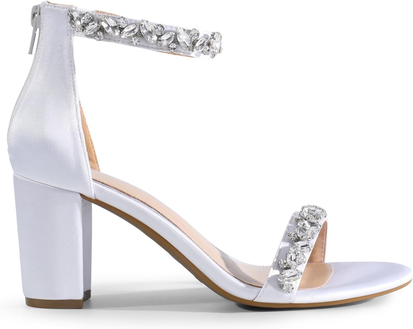 image:imageDREAM PAIRS Womens Chunky Block Heel Sandals Open Toe Ankle Strap Dress Shoes Comfortable Wedding Guest Heels for Party Prom and Formal EventsWhitesatin
