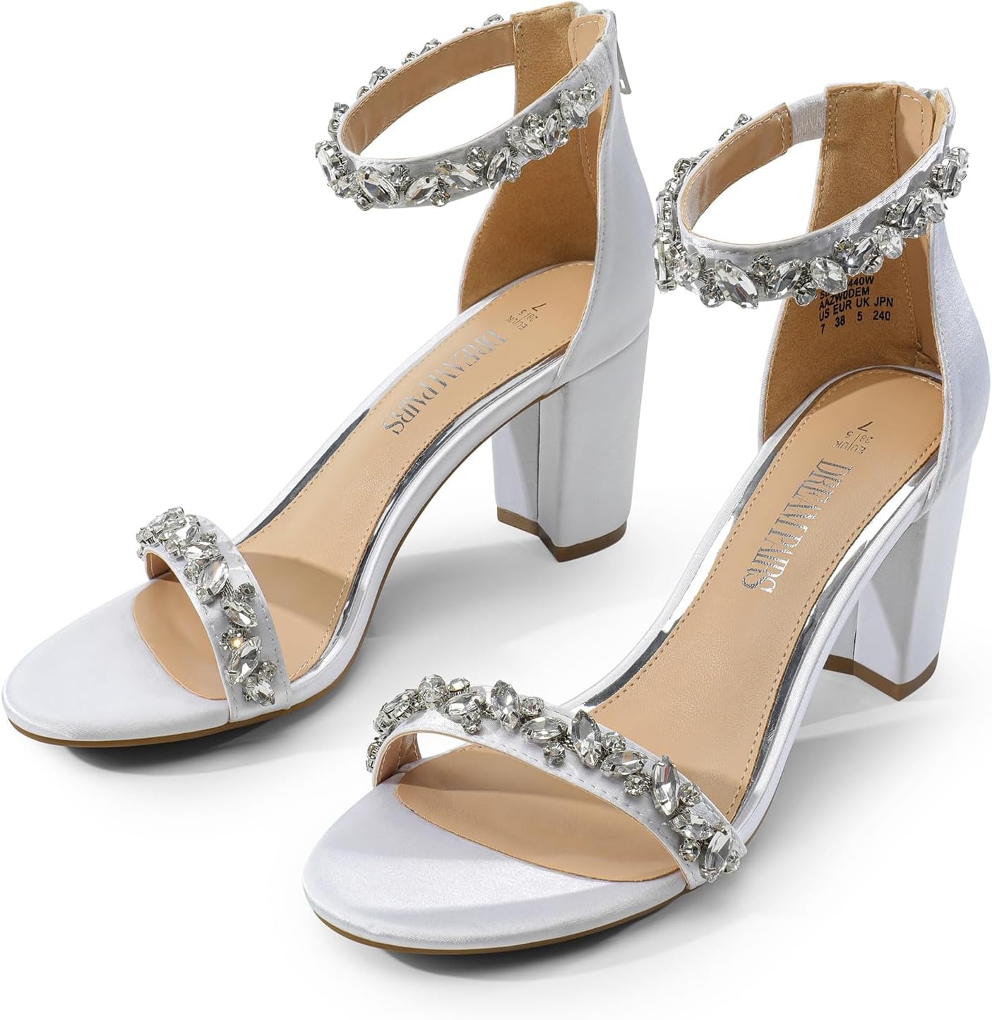 image:imageDREAM PAIRS Womens Chunky Block Heel Sandals Open Toe Ankle Strap Dress Shoes Comfortable Wedding Guest Heels for Party Prom and Formal EventsWhitesatin