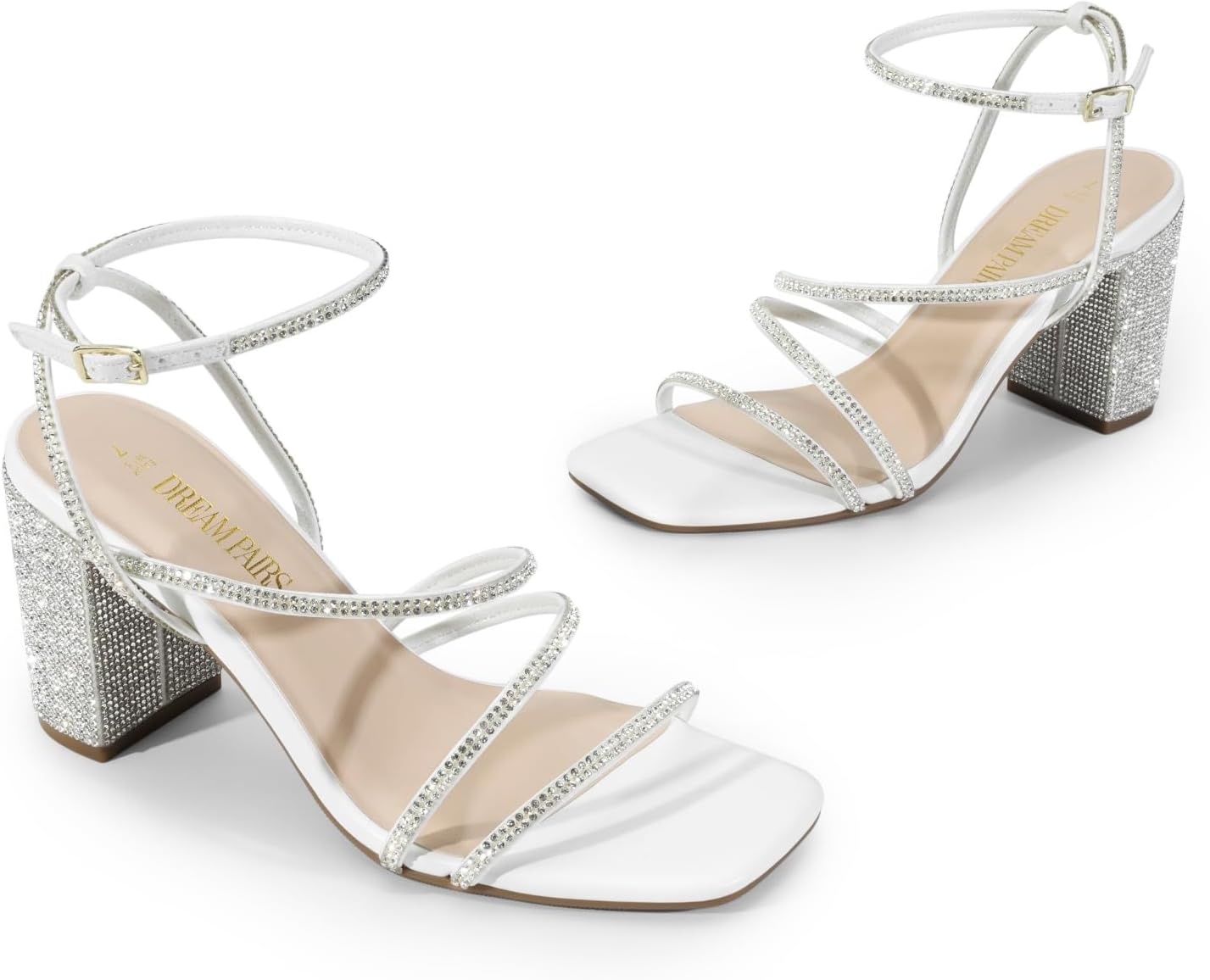image:imageDREAM PAIRS Womens Heels Chunky Block Strappy Square Open Toe Ankle Buckle 315 Inch Heeled Sandals Wedding Party Dress Prom ShoesWhiterhinestone