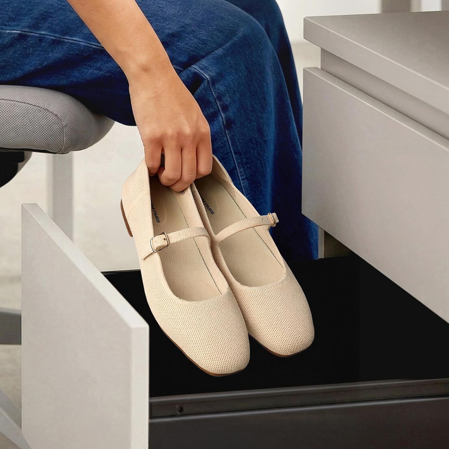 image:imageDREAM PAIRS Womens Mary Jane Ballet Flats Comfortable Knit Square Toe Dressy Shoes with Adjustable Buckle Breathable Foldable Arch Support for Work Office BusinessNude