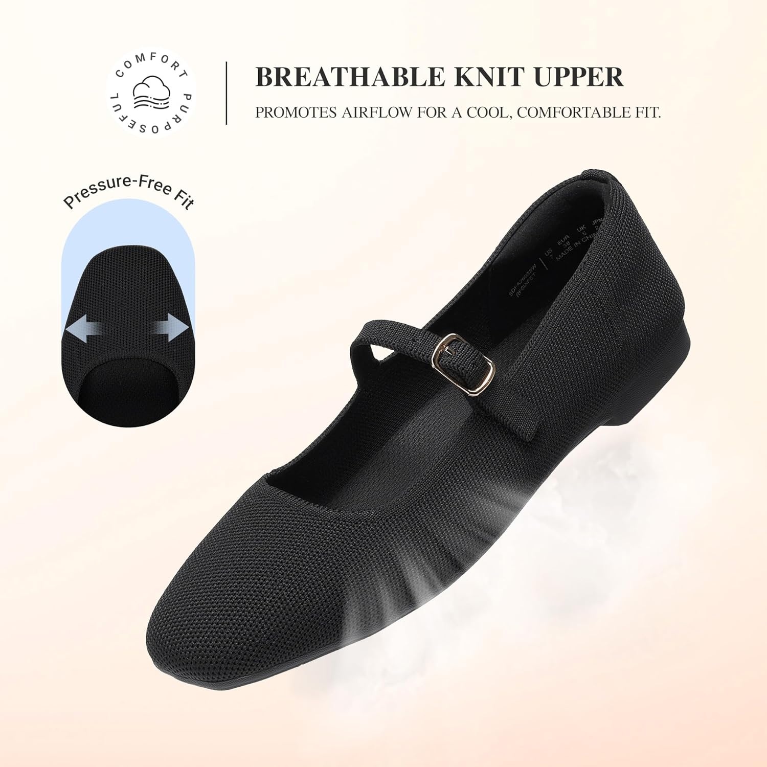image:imageDREAM PAIRS Womens Mary Jane Ballet Flats Comfortable Knit Square Toe Dressy Shoes with Adjustable Buckle Breathable Foldable Arch Support for Work Office BusinessBlack