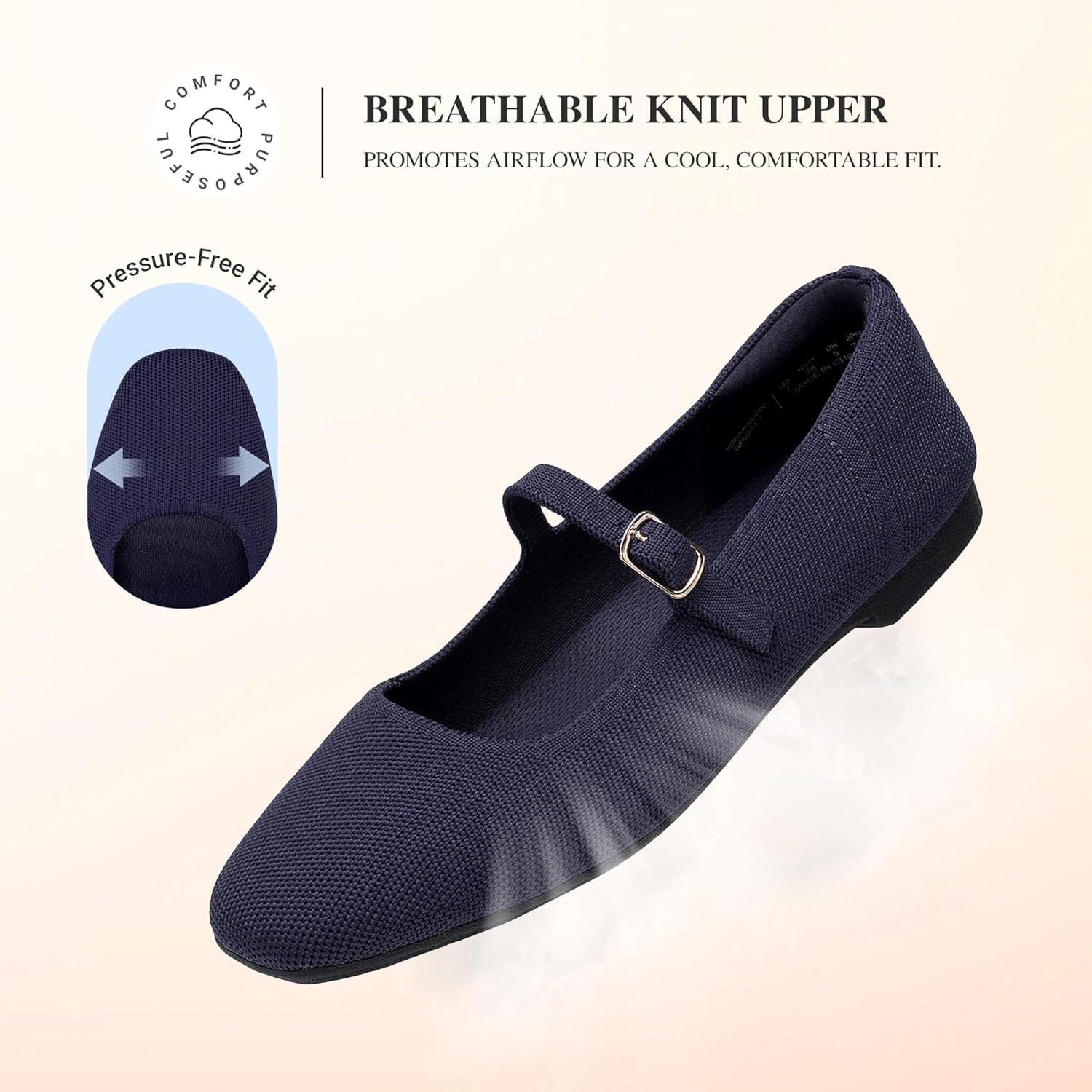 image:imageDREAM PAIRS Womens Mary Jane Ballet Flats Comfortable Knit Square Toe Dressy Shoes with Adjustable Buckle Breathable Foldable Arch Support for Work Office BusinessNavy