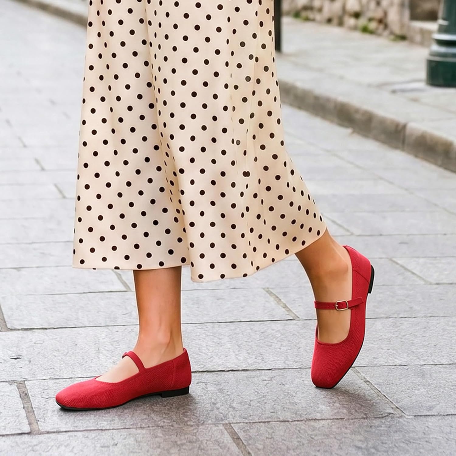 image:imageDREAM PAIRS Womens Mary Jane Ballet Flats Comfortable Knit Square Toe Dressy Shoes with Adjustable Buckle Breathable Foldable Arch Support for Work Office BusinessRed