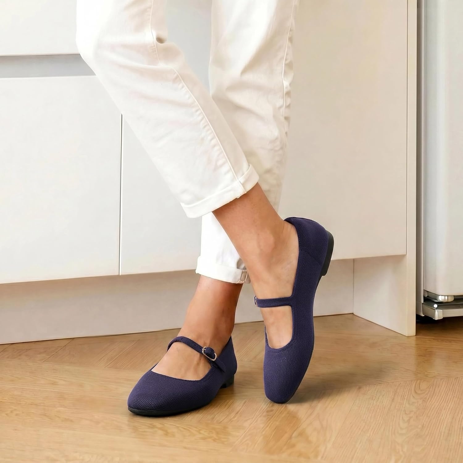 image:imageDREAM PAIRS Womens Mary Jane Ballet Flats Comfortable Knit Square Toe Dressy Shoes with Adjustable Buckle Breathable Foldable Arch Support for Work Office BusinessNavy