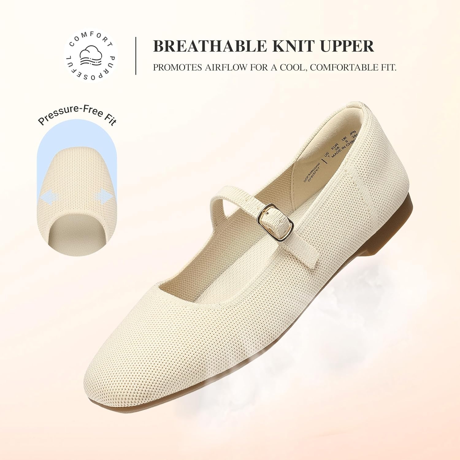 image:imageDREAM PAIRS Womens Mary Jane Ballet Flats Comfortable Knit Square Toe Dressy Shoes with Adjustable Buckle Breathable Foldable Arch Support for Work Office BusinessNude