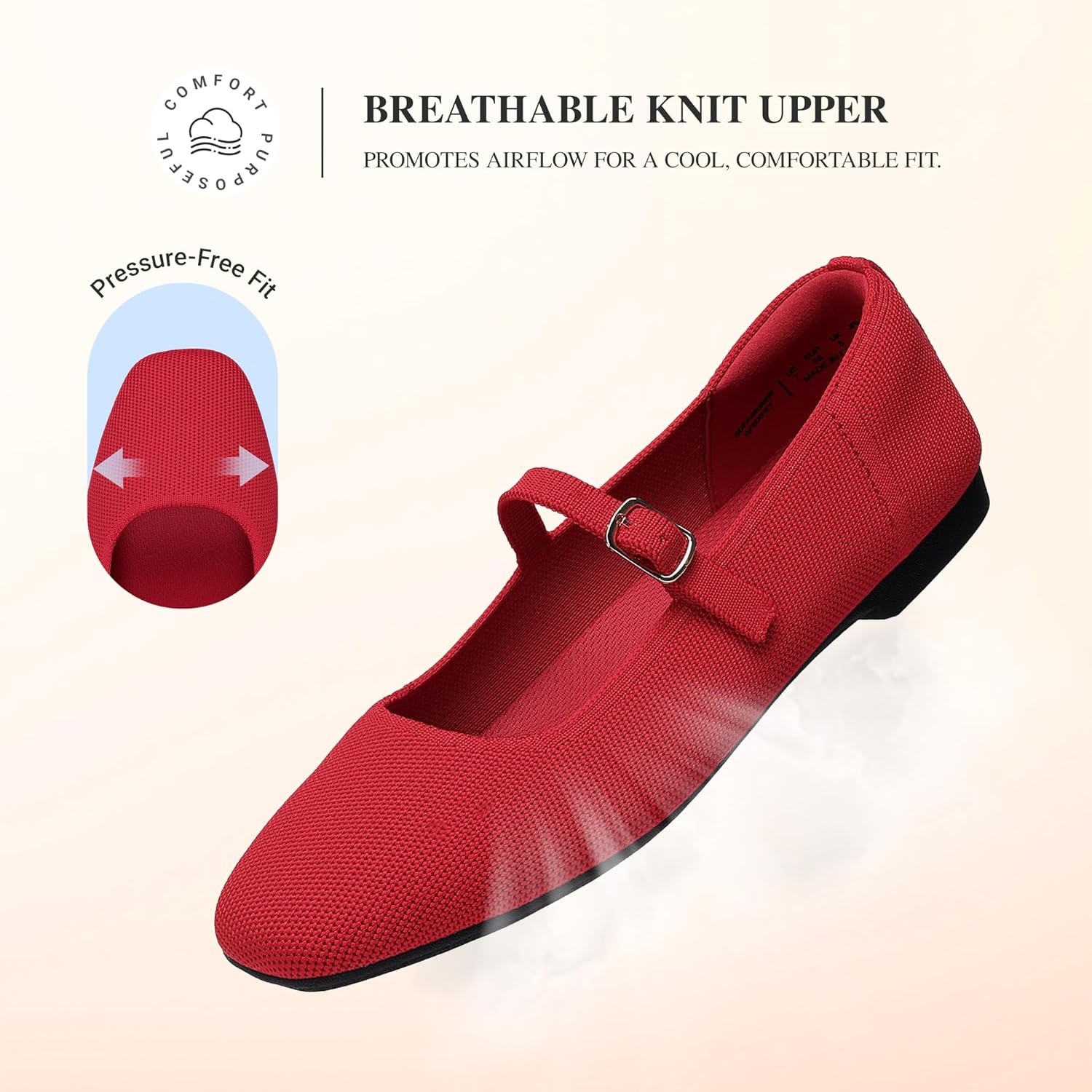 image:imageDREAM PAIRS Womens Mary Jane Ballet Flats Comfortable Knit Square Toe Dressy Shoes with Adjustable Buckle Breathable Foldable Arch Support for Work Office BusinessRed