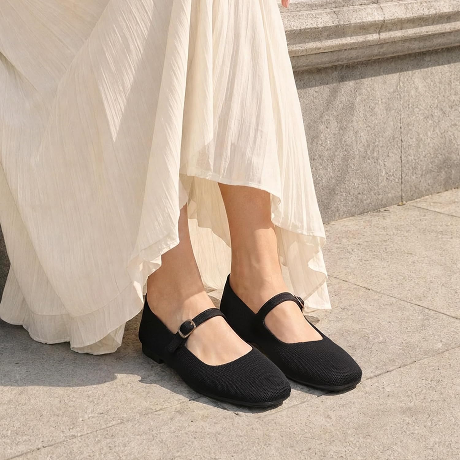 image:imageDREAM PAIRS Womens Mary Jane Ballet Flats Comfortable Knit Square Toe Dressy Shoes with Adjustable Buckle Breathable Foldable Arch Support for Work Office BusinessBlack