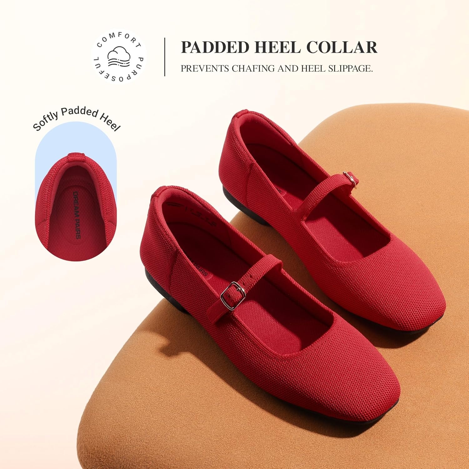 image:imageDREAM PAIRS Womens Mary Jane Ballet Flats Comfortable Knit Square Toe Dressy Shoes with Adjustable Buckle Breathable Foldable Arch Support for Work Office BusinessRed