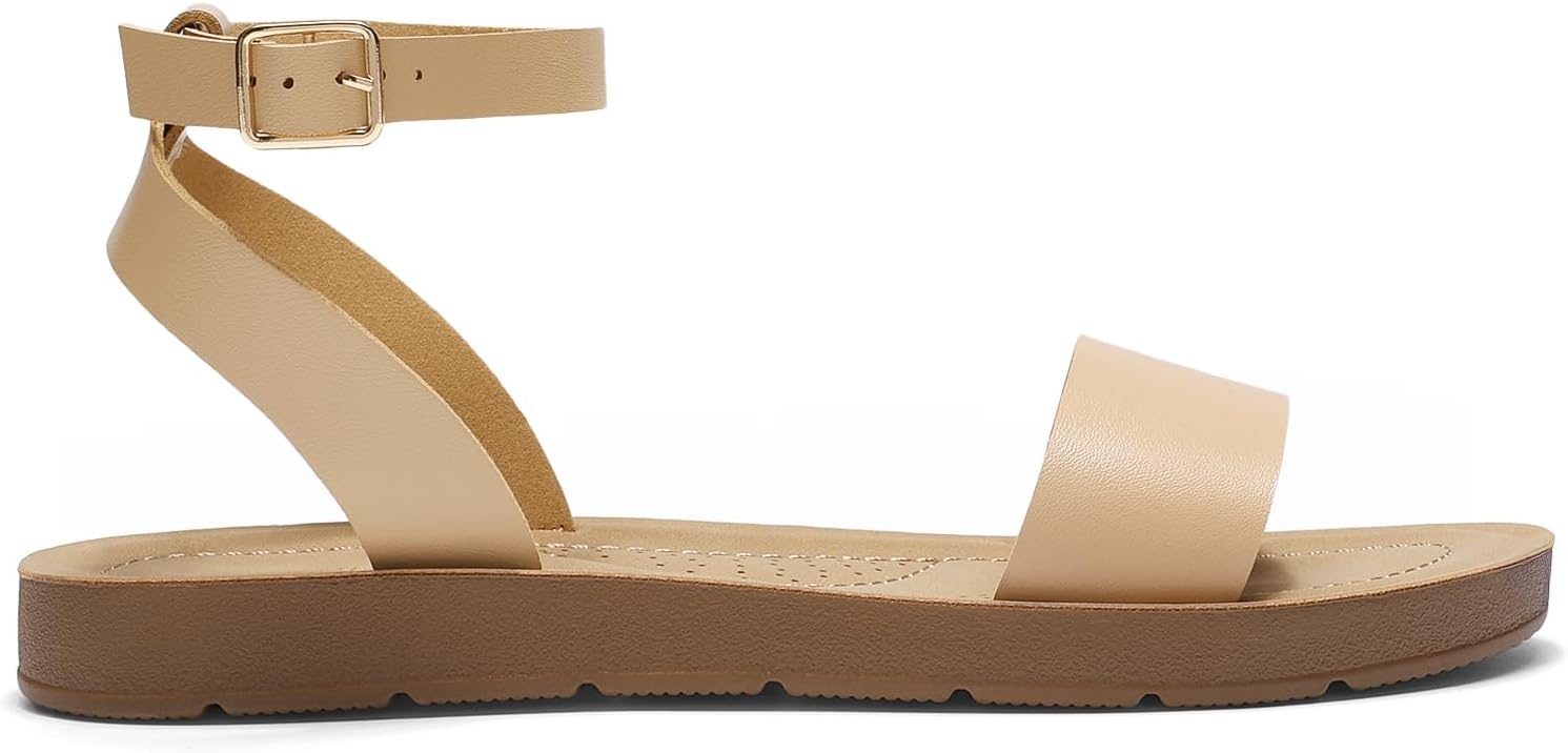 image:imageDREAM PAIRS Womens One Band Ankle Strap Buckle Flat SandalsNude