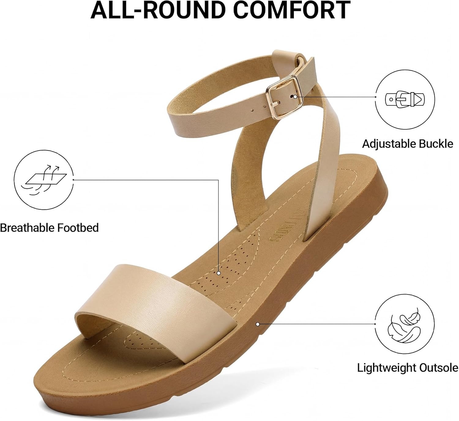 image:imageDREAM PAIRS Womens One Band Ankle Strap Buckle Flat SandalsNude