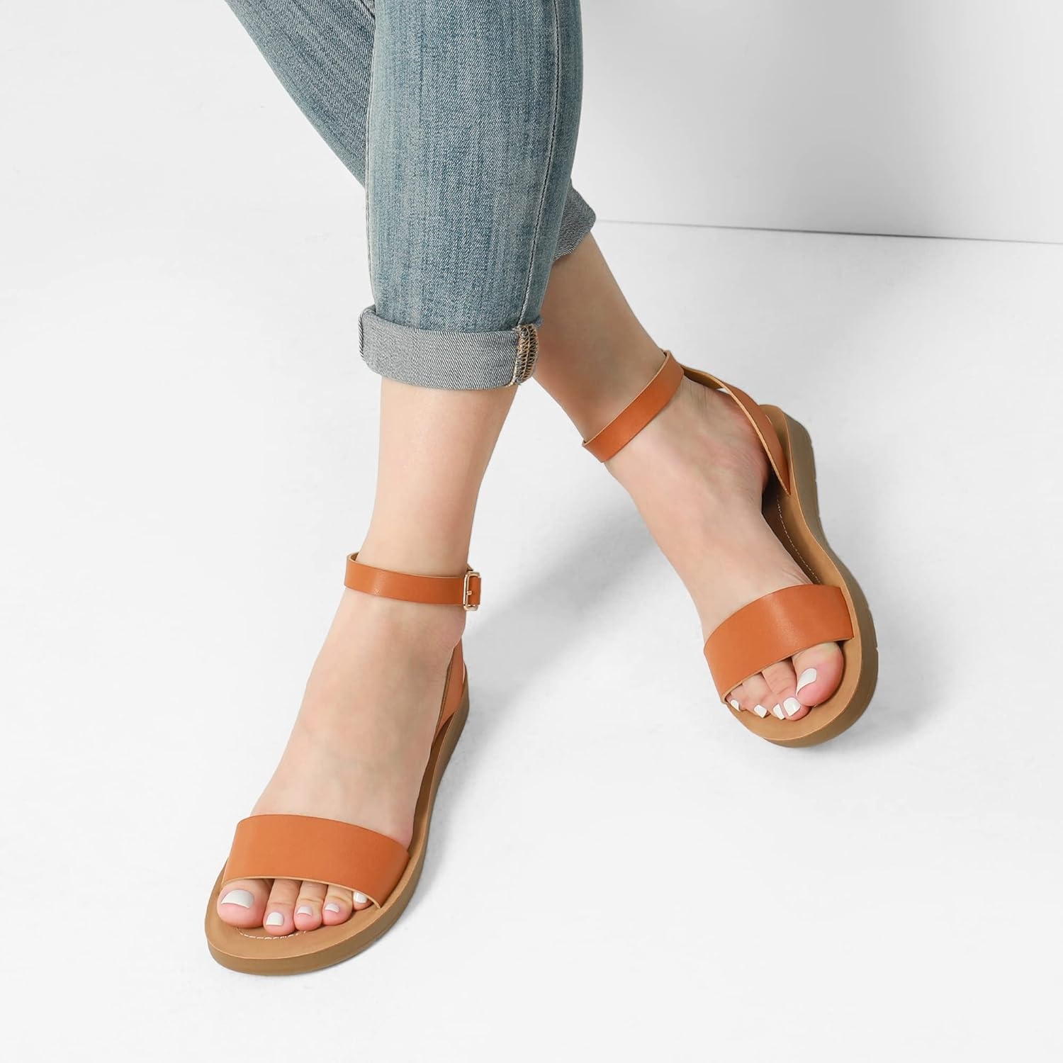 image:imageDREAM PAIRS Womens One Band Ankle Strap Buckle Flat SandalsTanPu