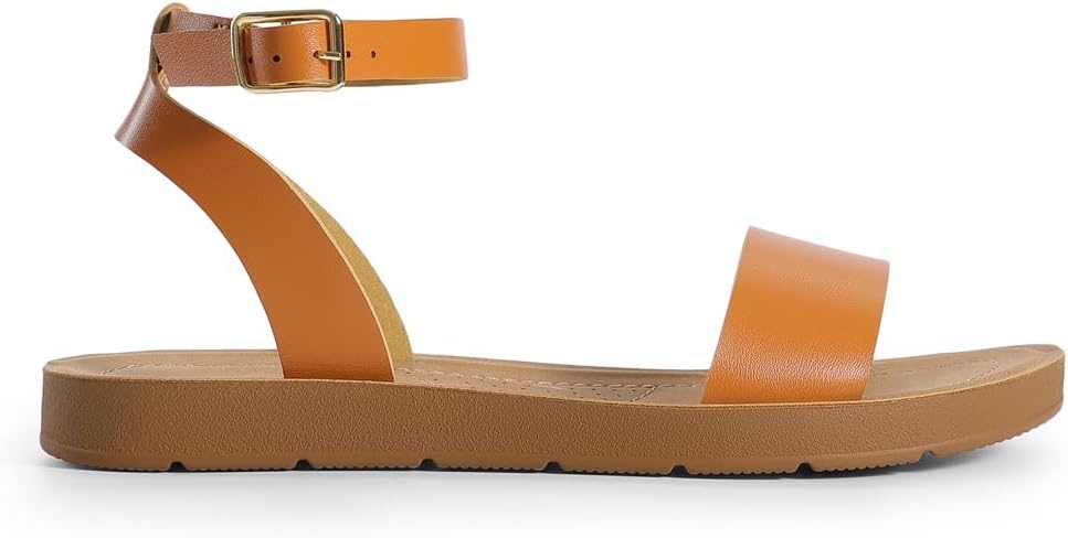 image:imageDREAM PAIRS Womens One Band Ankle Strap Buckle Flat SandalsTanPu