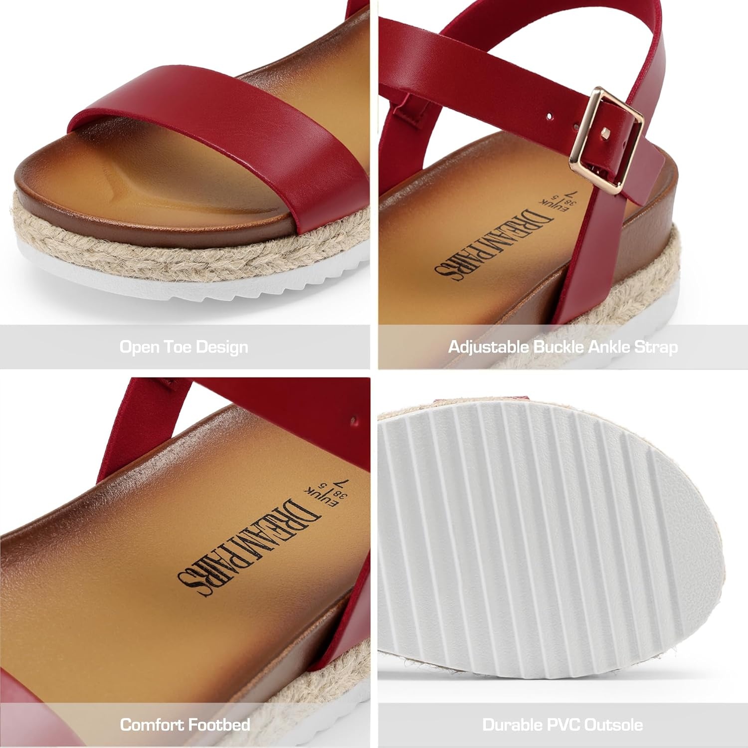 image:imageDREAM PAIRS Womens Open Toe Ankle Strap Espadrille Casual Flatform Platform Wedge SandalsRed