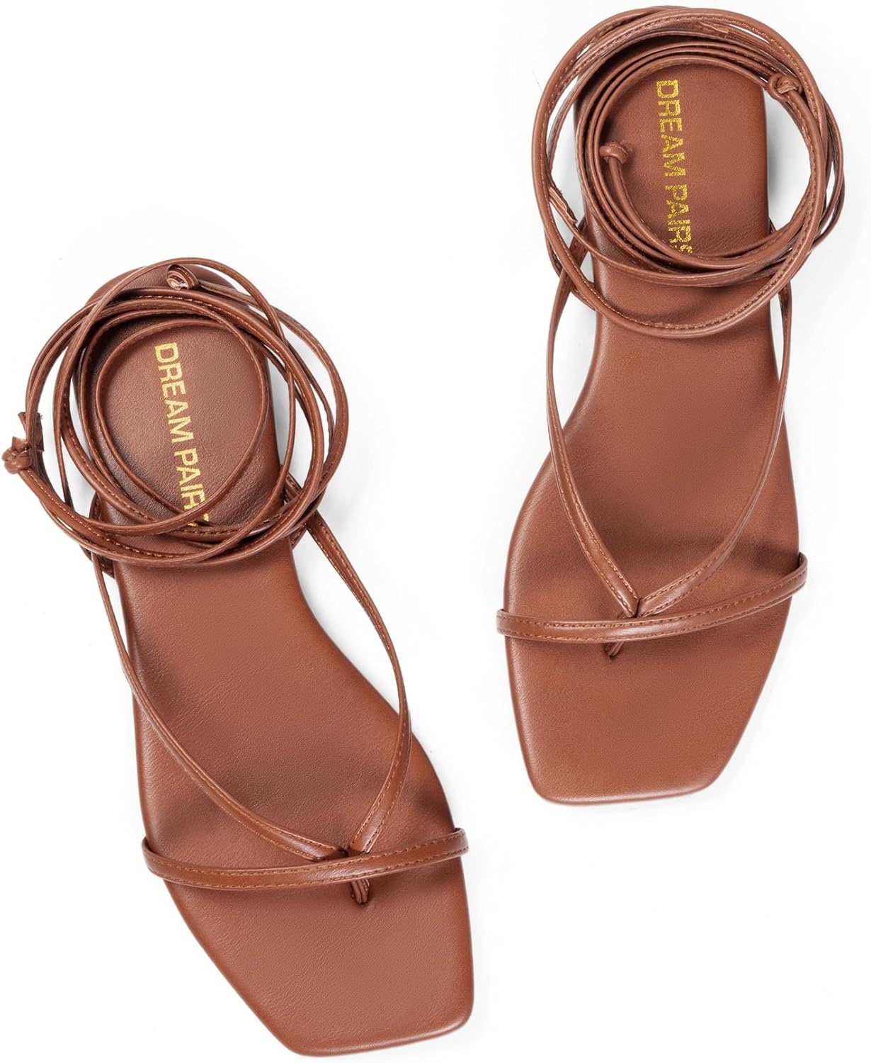 image:imageDREAM PAIRS Womens Strappy Flat Sandals Comfortable Lace Up Gladiator Dressy Sandals Square Toe Tie Up Walking Sandal Summer Wrap Up Vocation Sandal Mermaid ShoesBrown