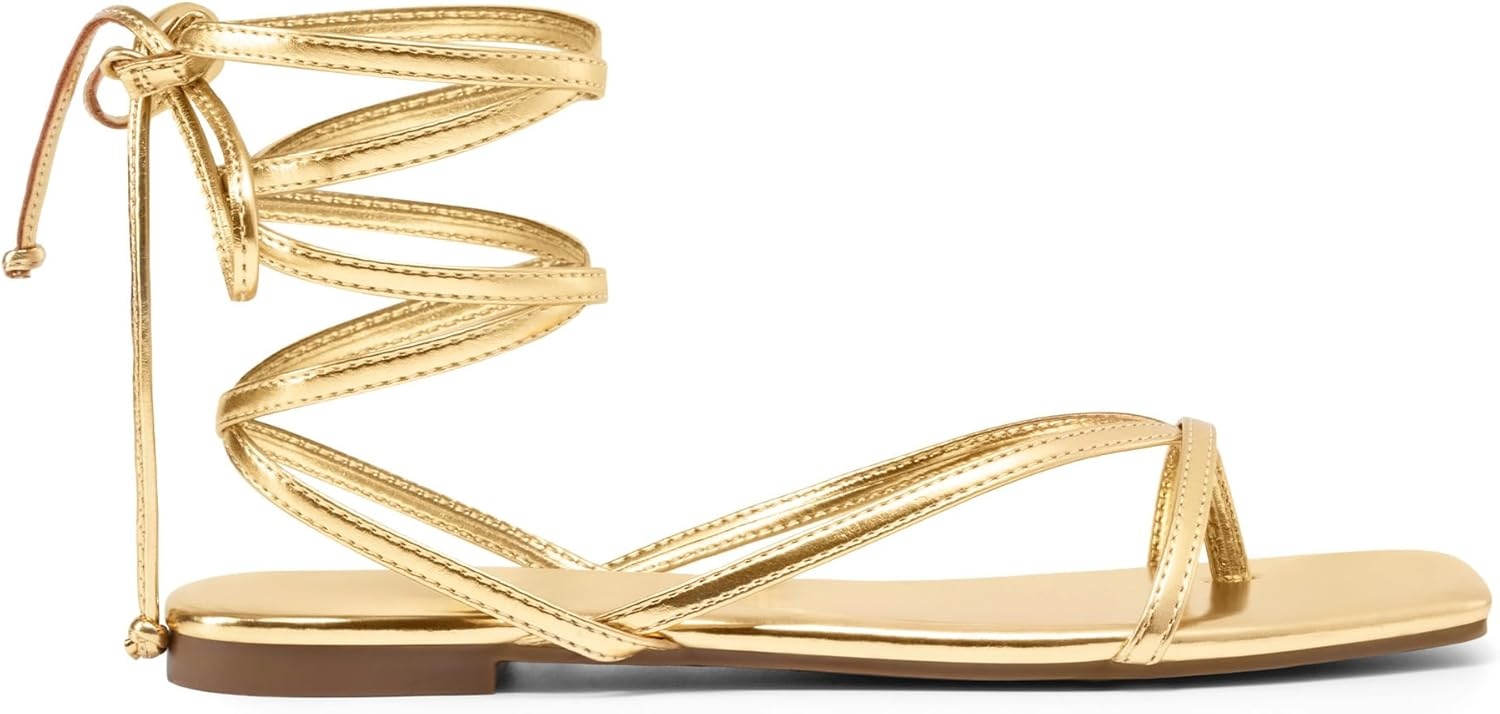 image:imageDREAM PAIRS Womens Strappy Flat Sandals Comfortable Lace Up Gladiator Dressy Sandals Square Toe Tie Up Walking Sandal Summer Wrap Up Vocation Sandal Mermaid ShoesGold