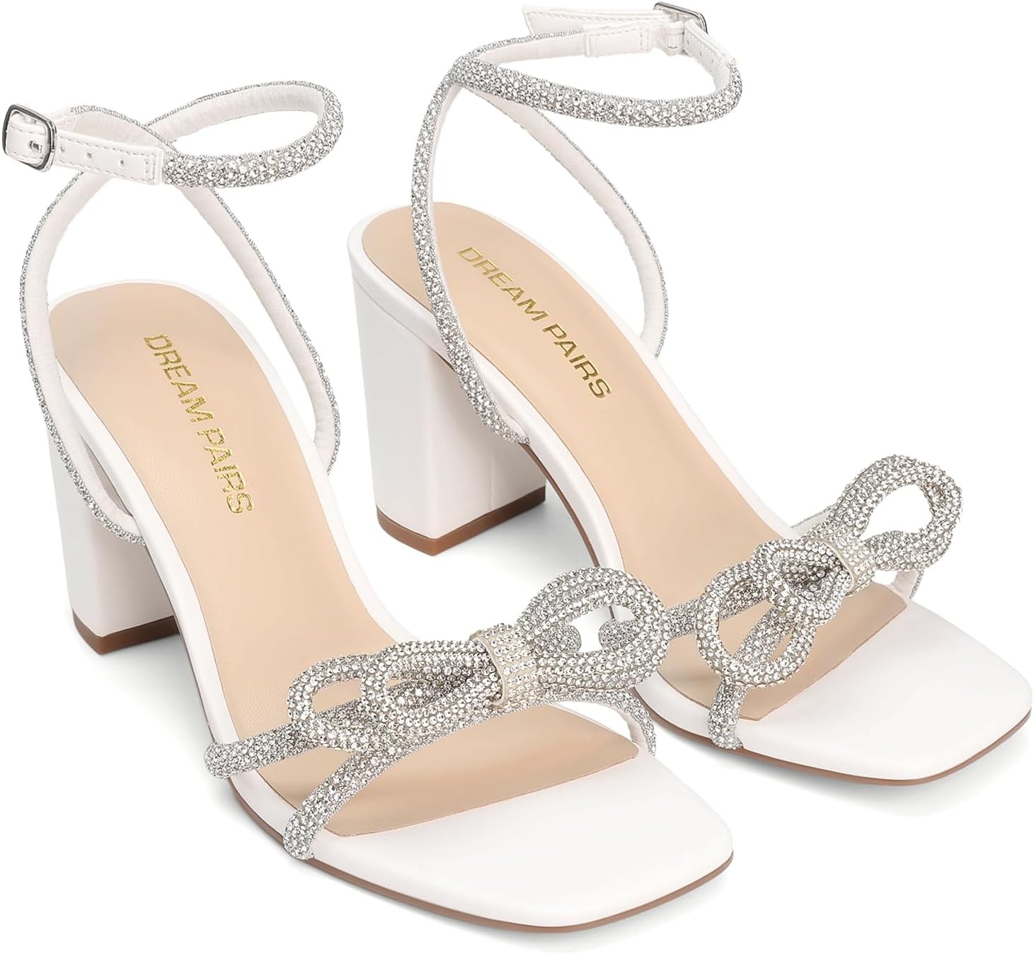 image:imageDREAM PAIRS Womens Wedding Party Bridal Prom Bow Knot Chunky Block Dressy Heels Square Toe Slingback with Ankle Buckle Fashion Sandals Comfortable Shoes 2026White