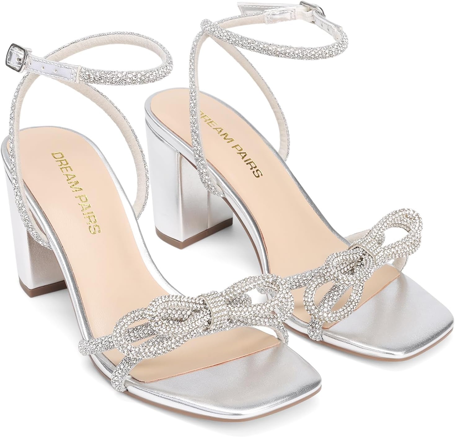 image:imageDREAM PAIRS Womens Wedding Party Bridal Prom Bow Knot Chunky Block Dressy Heels Square Toe Slingback with Ankle Buckle Fashion Sandals Comfortable Shoes 2026Silver