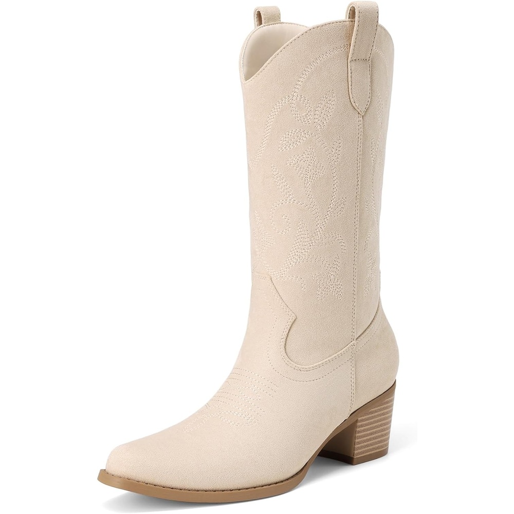 image:imageDREAM PAIRS Cowboy Boots for Women Cowgirl Western Boots Fashion Embroidery Stitched Chunky Heel Mid Calf BootsBeige