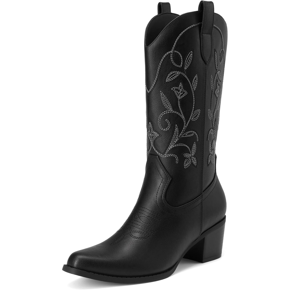 image:imageDREAM PAIRS Cowboy Boots for Women Cowgirl Western Boots Fashion Embroidery Stitched Chunky Heel Mid Calf BootsBlack